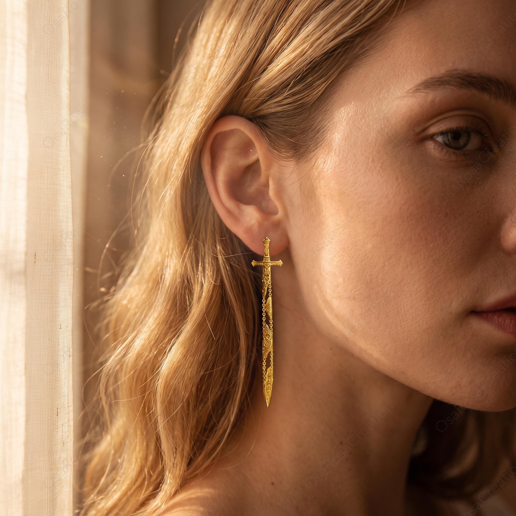 Gold Sword Drop Earrings, Sculptural Dagger Dangle Earrings, Medieval Inspired Jewelry, Edgy Statement Earrings, Unique Gift for Her