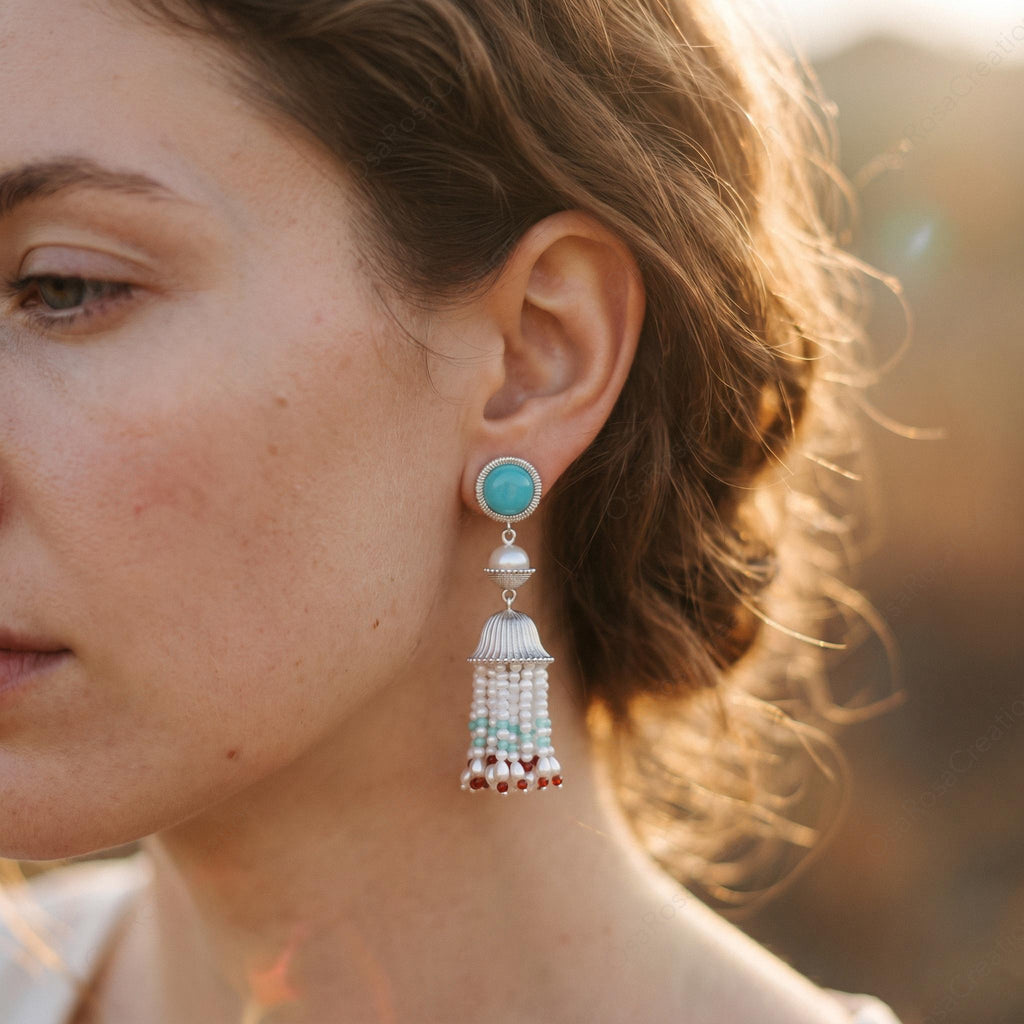 Artisan Sterling Silver Pearl Tassel Earrings, Mediterranean Blue Stone Bohemian Dangles