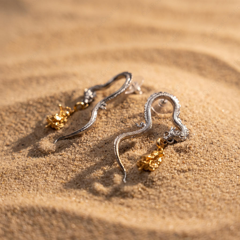 Silver Dragon Drop Earrings with Gold Fairy Charm Sculptural