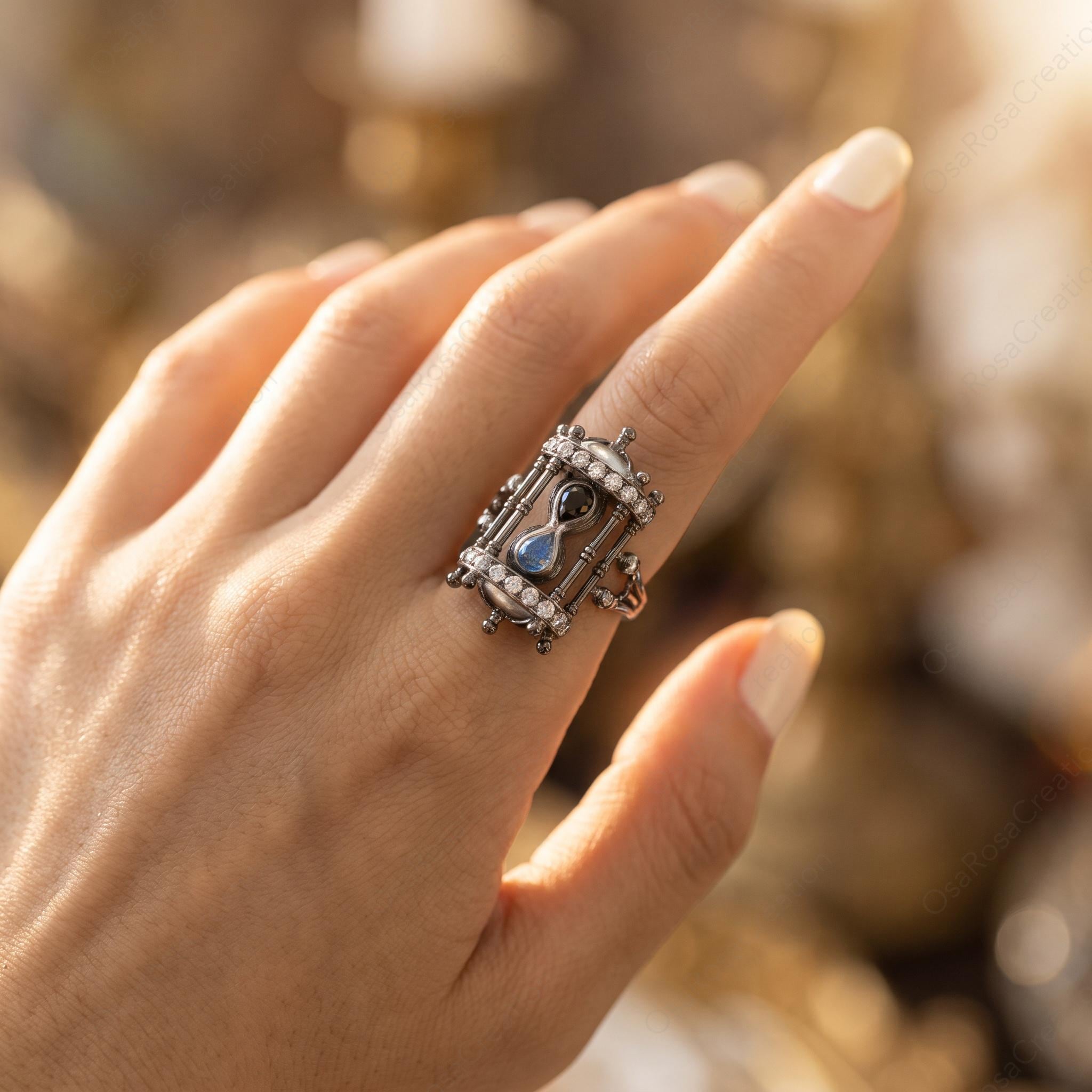 Vintage Hourglass Ring, Oxidized Silver Statement, Dark Academia Blue Gemstone