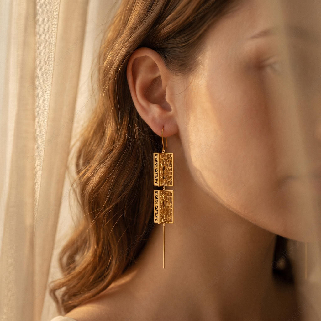 Gold Bamboo Lantern Drop Earrings, Architectural Oriental Botanical Statement Jewelry