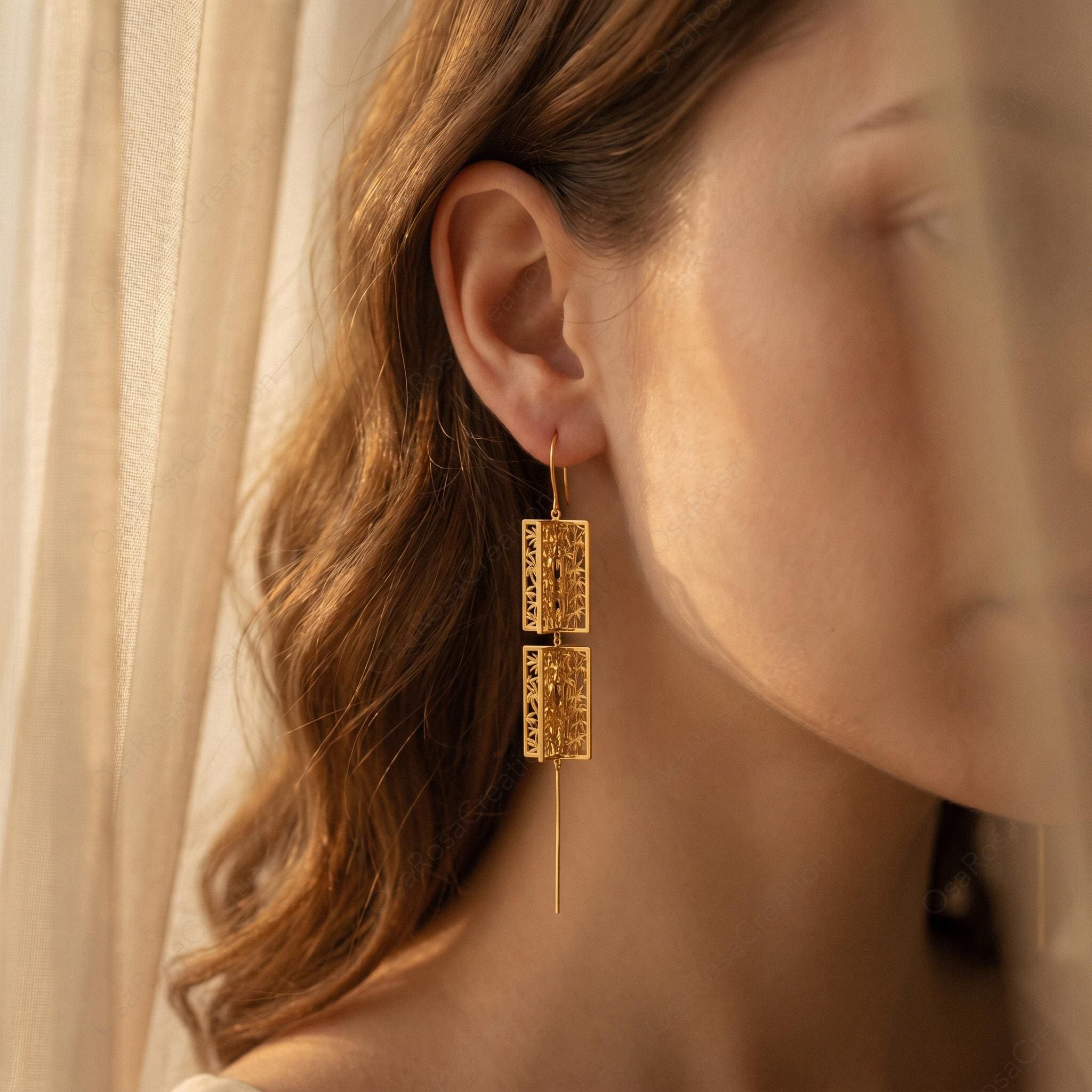 Gold Bamboo Lantern Drop Earrings, Architectural Oriental Botanical Statement Jewelry