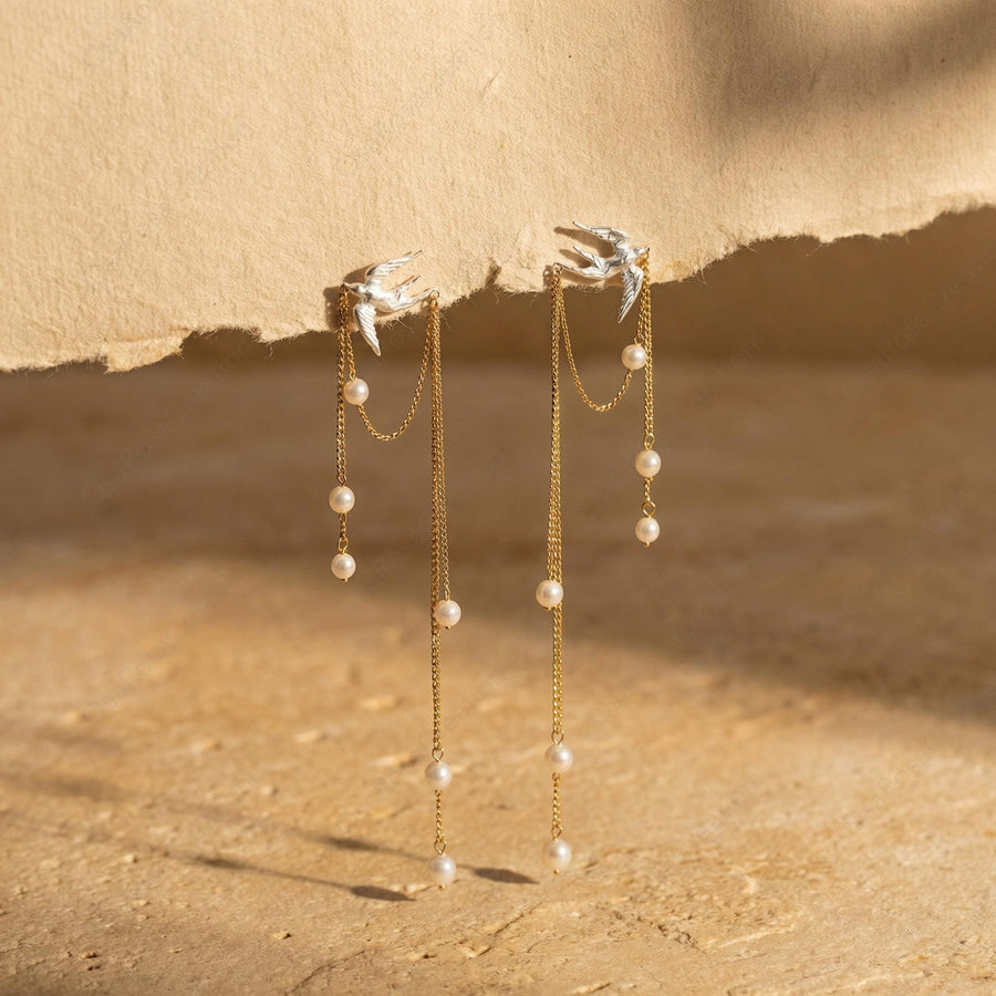 Silver Bird Pearl Earrings
