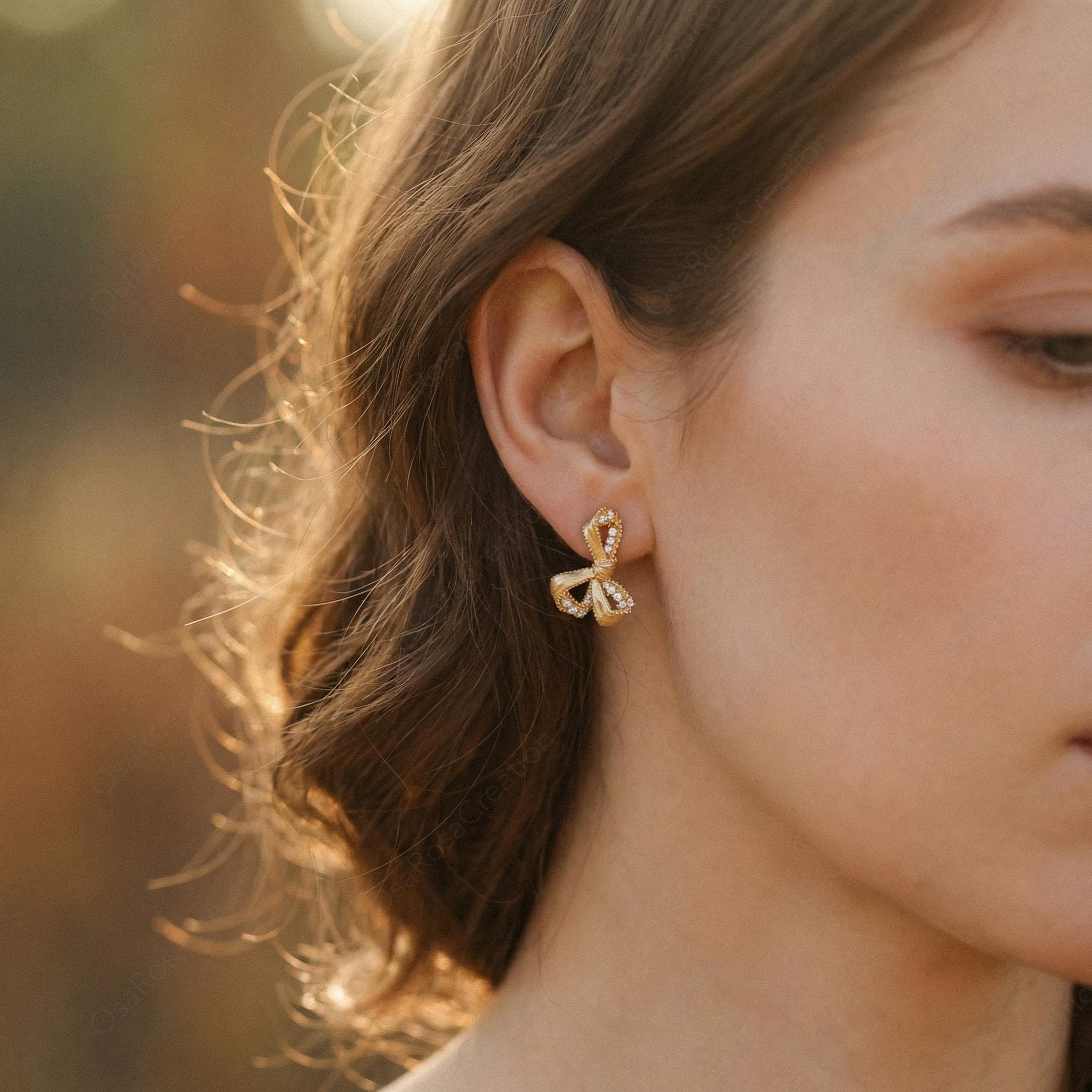 Gold Ribbon Crystal Stud Earrings | Vintage Style Bridal Jewelry
