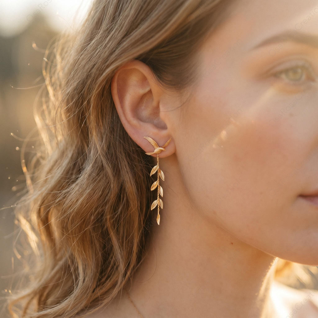 Gold Swallow Earrings • Olive Branch Dangle, Boho Bridal • 18K gold plated