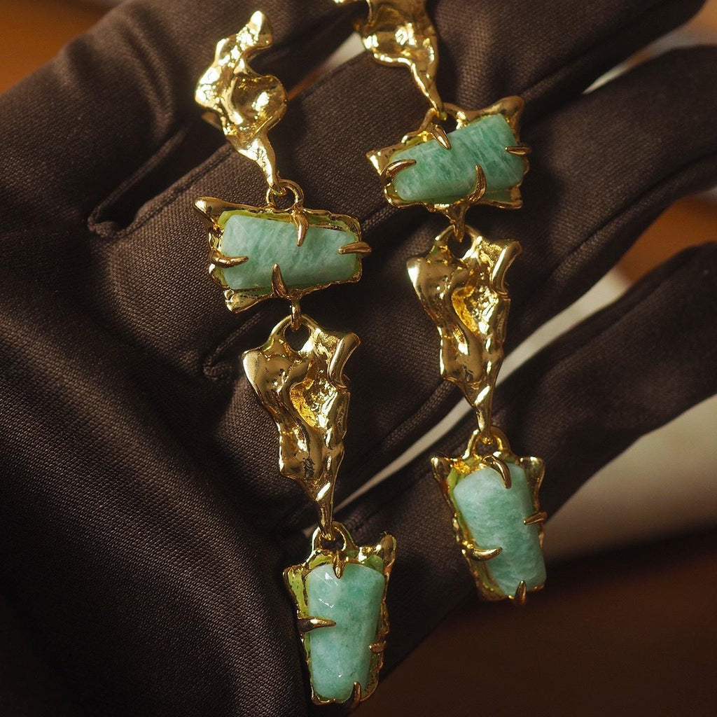 Gold Jade Dangle Earrings, Sculptural Baroque Style, Sterling Silver Post