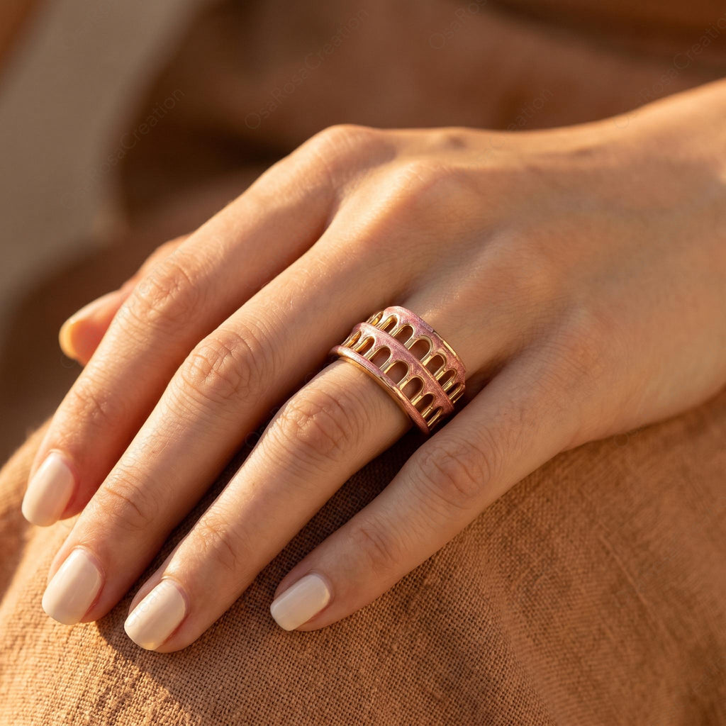 Roman Colosseum Ring, Pink Enamel Architectural Jewelry, Gold Plated Statement Ring