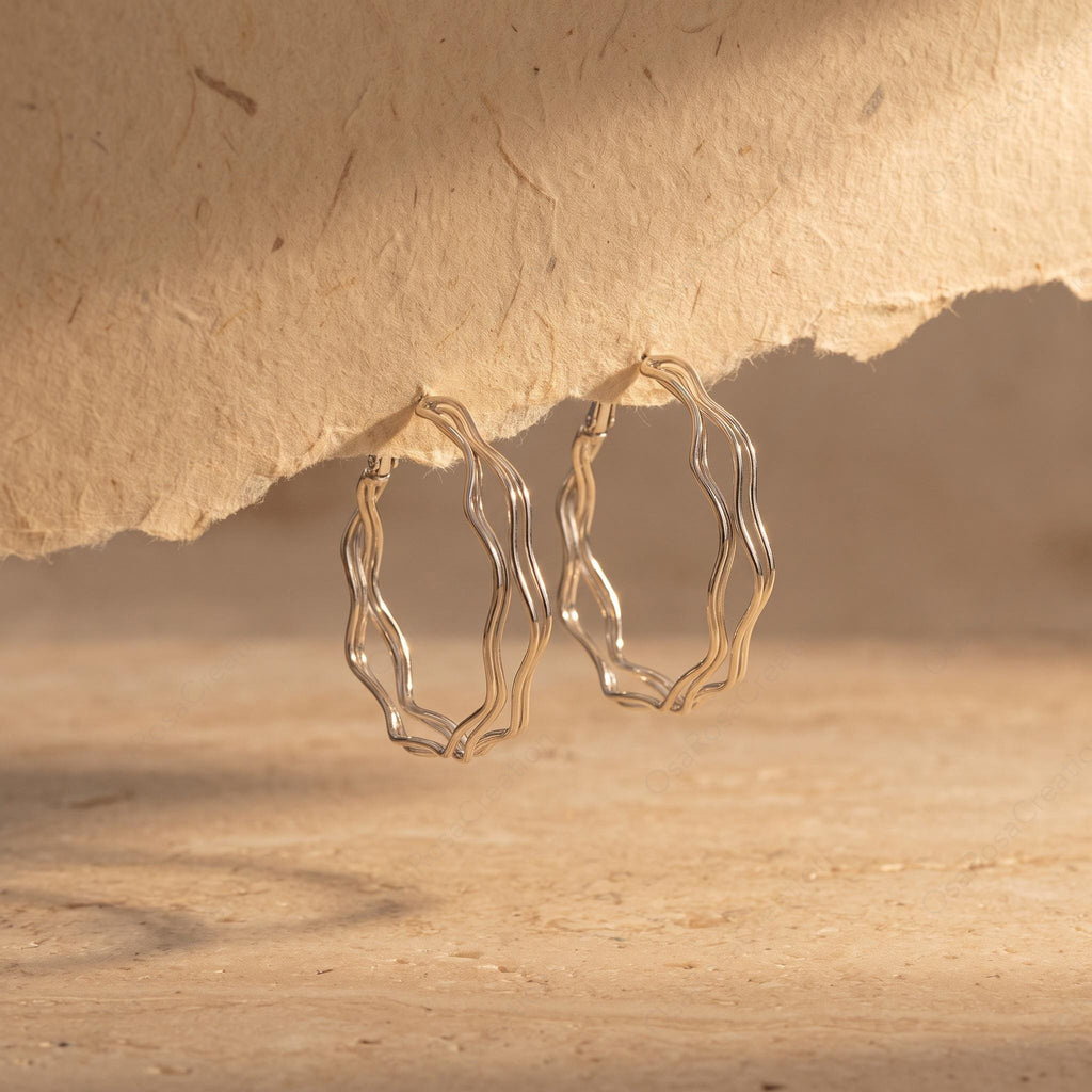 Silver Wavy Hoop Earrings, Sculptural Liquid Metal Statement Jewelry