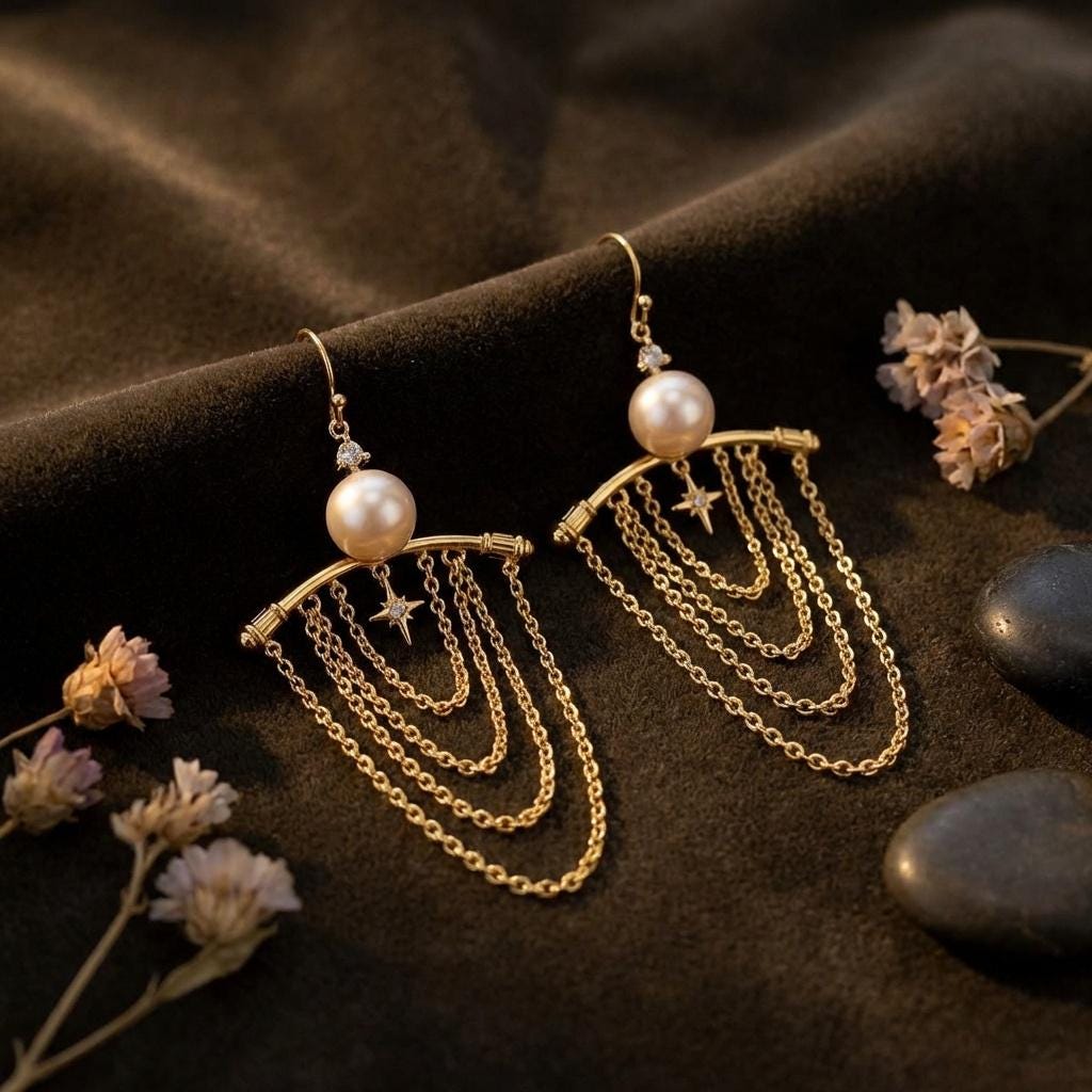 Pearl Star Dangle Earrings • 18k Gold Celestial Chain Fringe