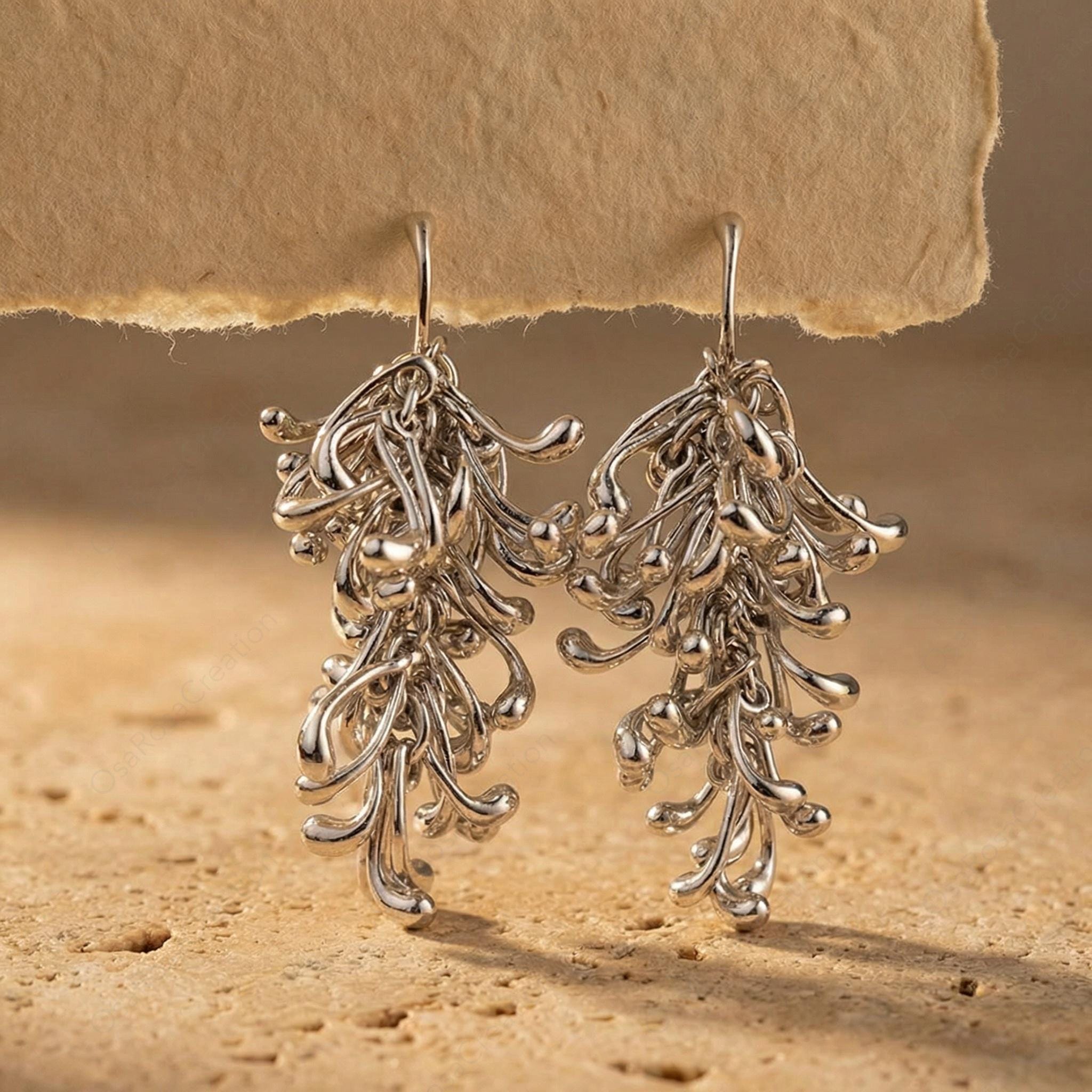 Sterling Silver Post Branch Dangle Earrings, Sculptural Botanical Art Jewelry
