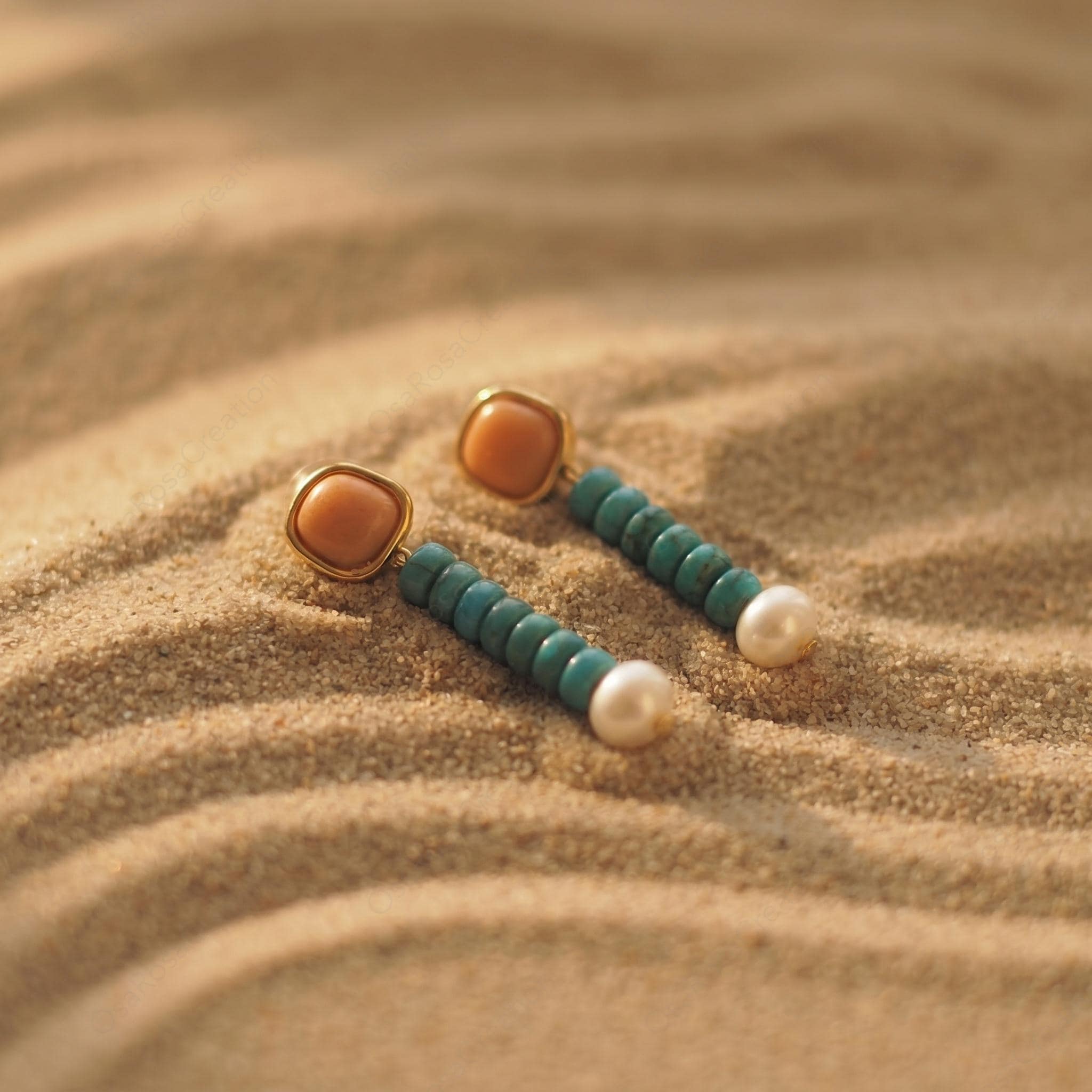 Turquoise Pearl Drop Earrings, Mediterranean Coastal Jewelry, Coral Orange Gemstone Dangles, Artistic Boho Chic, Summer Vacation Gift