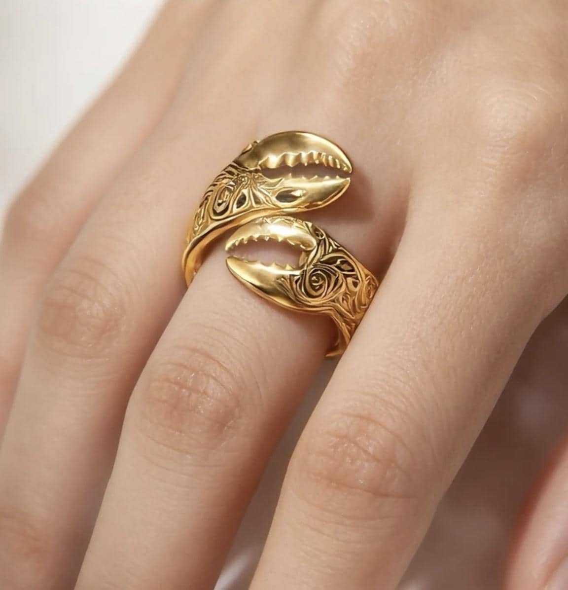 Gold Crab Claw Ring • Cancer Zodiac Jewelry, Adjustable Statement Ring
