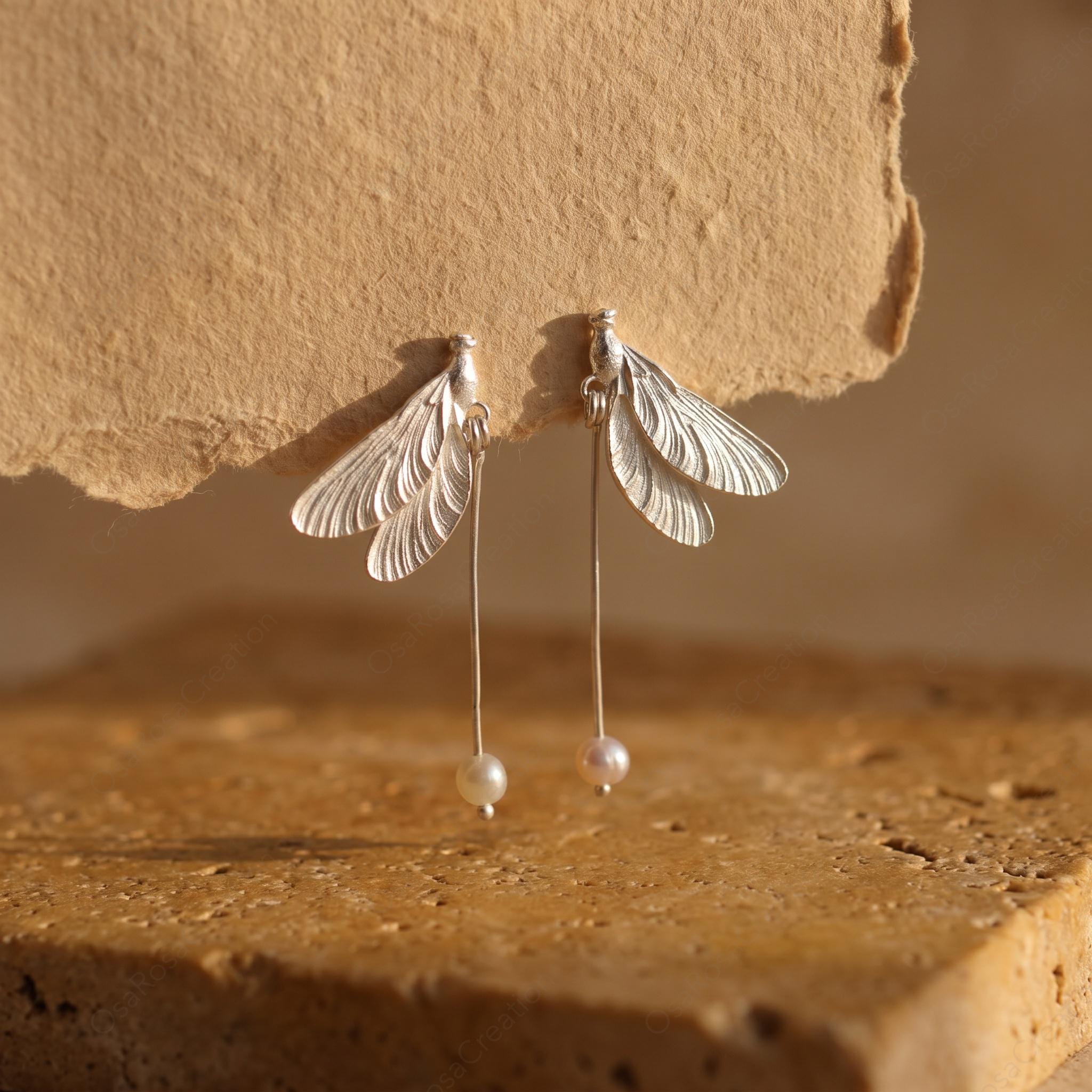 Silver Dragonfly Pearl Drop Earrings, Nature Inspired Bridal Jewelry