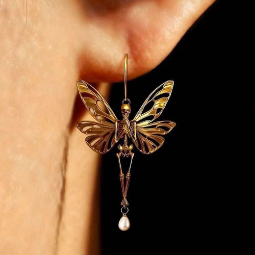 Butterfly Fairy Bone Earrings, Gold Pearl Drop, Ethereal Gothic