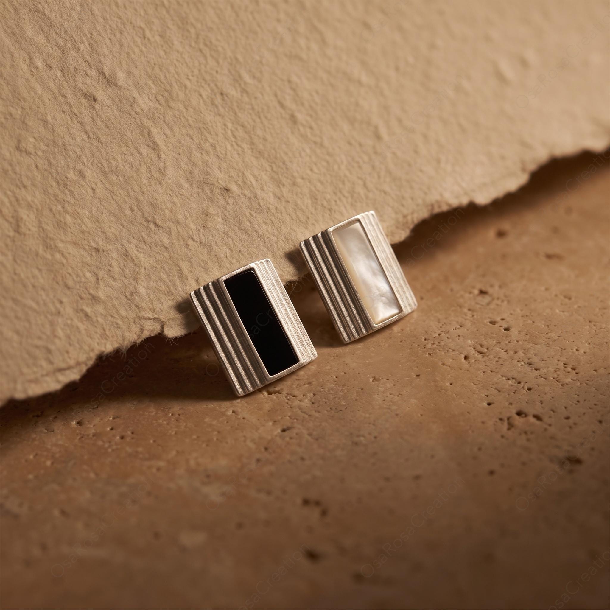 Art Deco Silver Rectangular Stud Earrings, Geometric Black White Architecture Jewelry