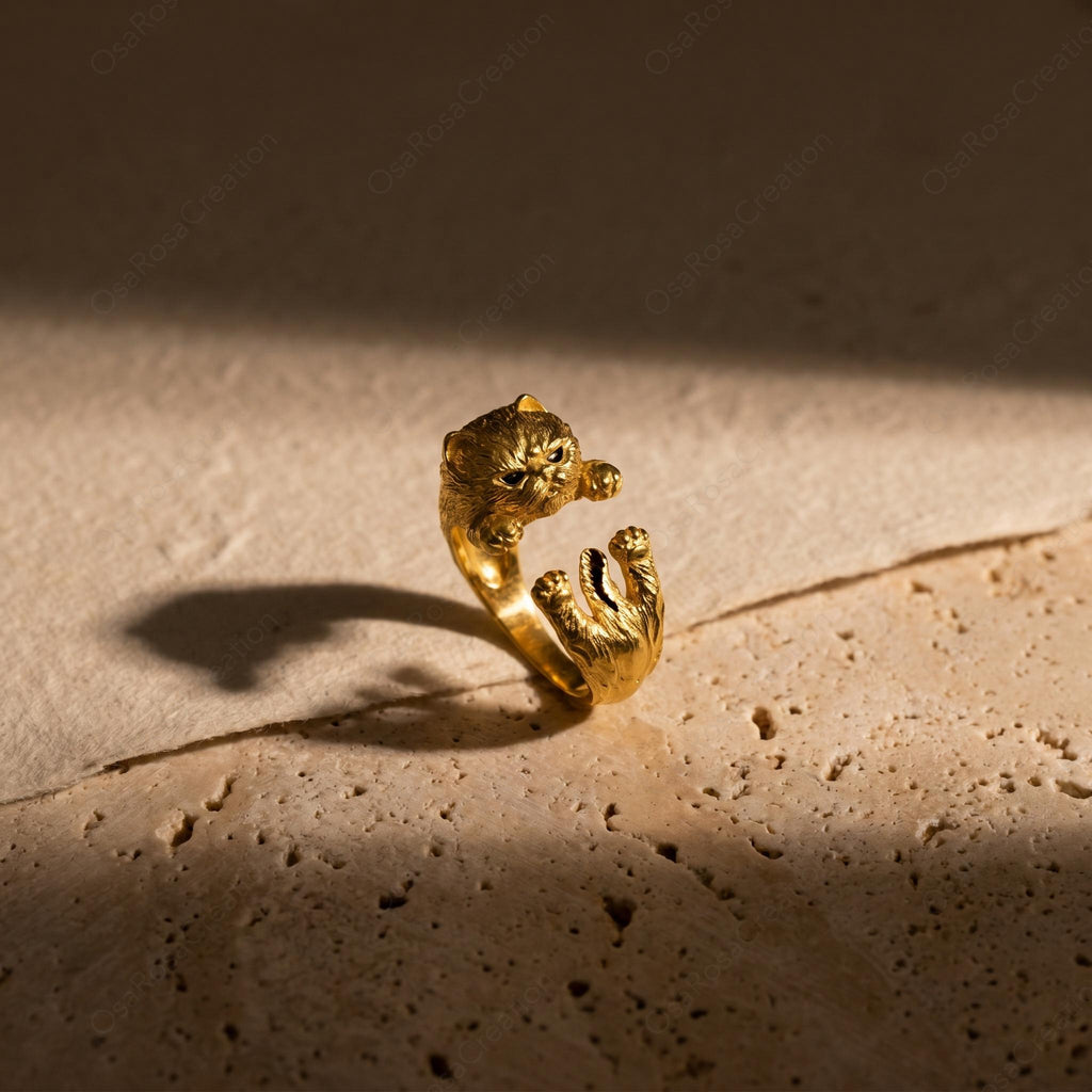 Sculptural Gold Cat Wrap Ring | Textured Feline Animal Jewelry