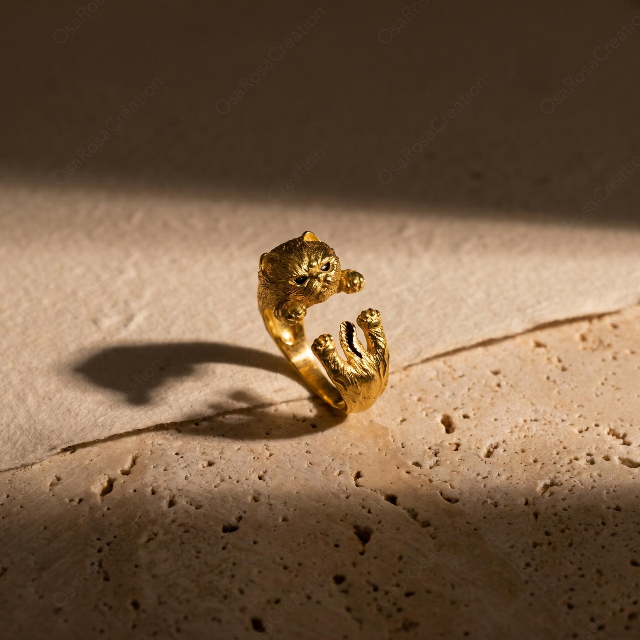 Sculptural Gold Cat Wrap Ring | Textured Feline Animal Jewelry