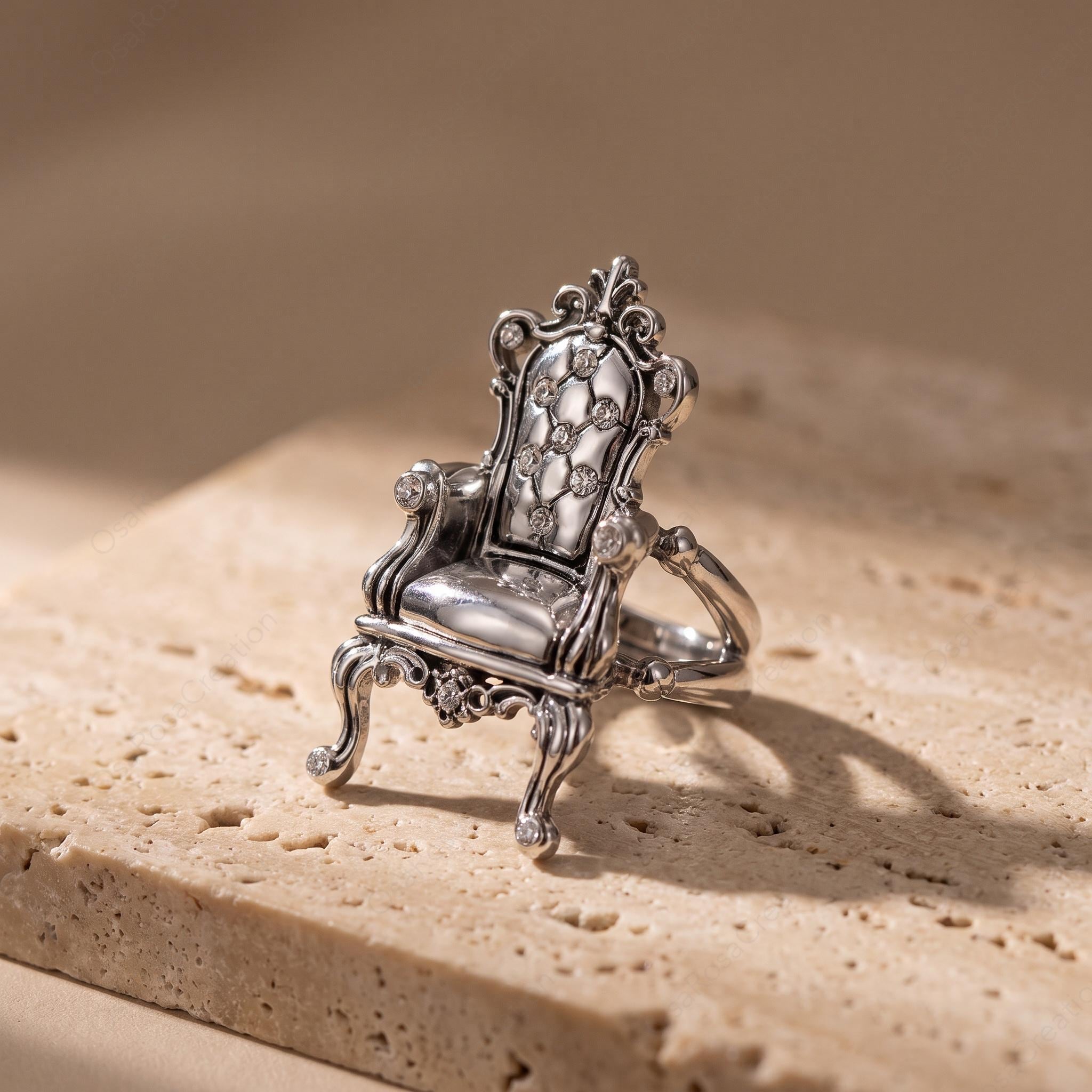 Baroque Throne Ring, Platinum-Plated Brass Sculptural Chair Jewelry, Vintage Inspired Statement Ring