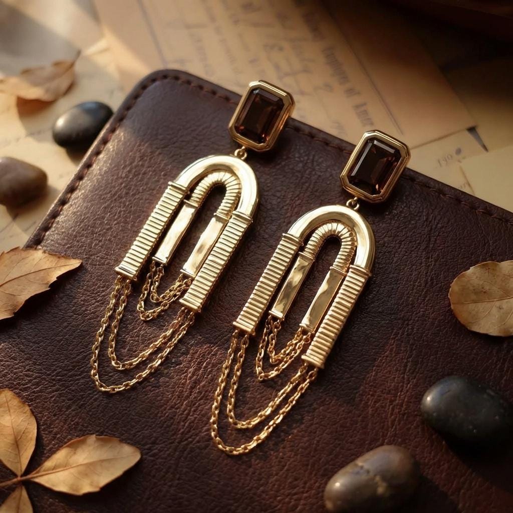Art Deco Dangle Earrings • Gold Arch, Smoky Crystal, Chain Tassel