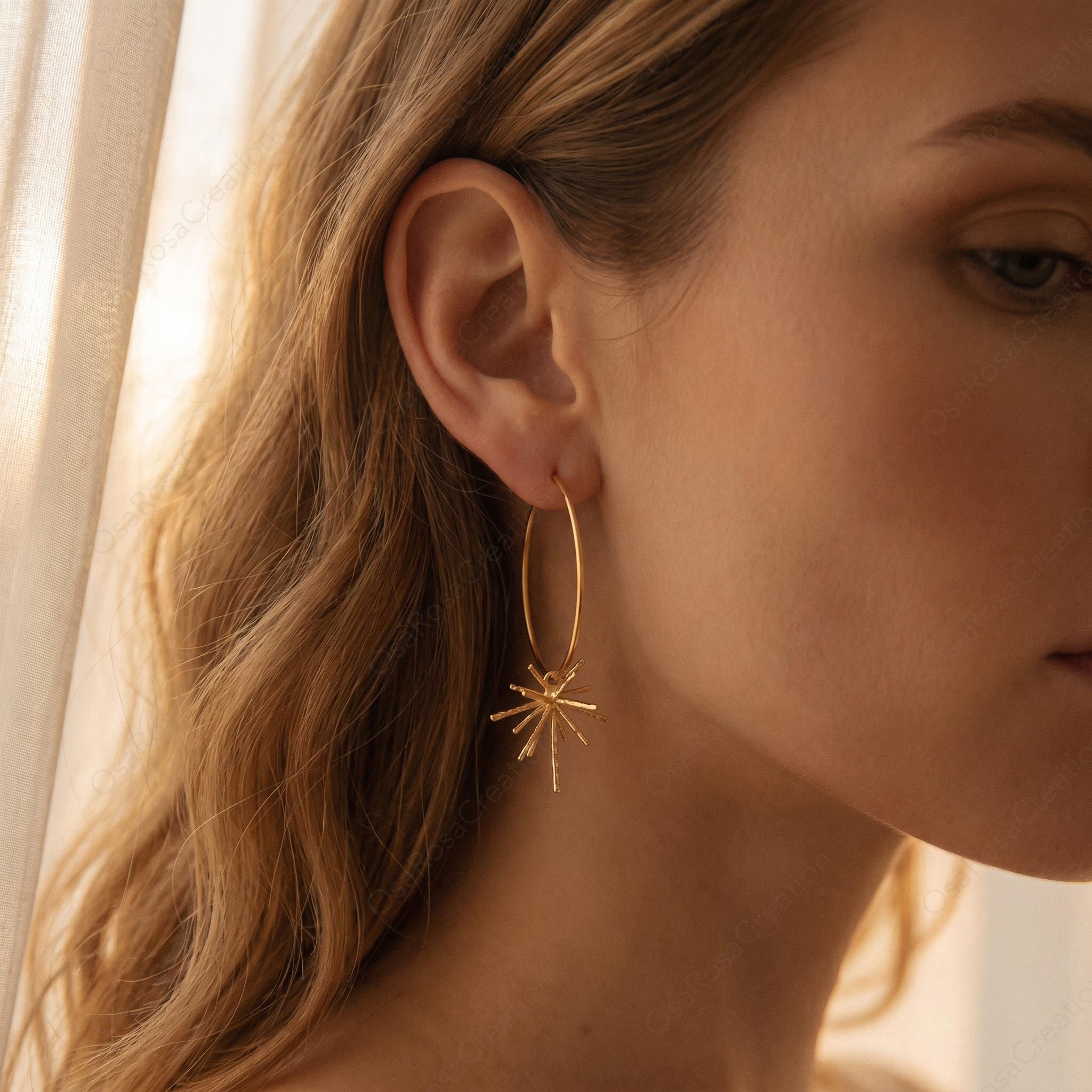 Hammered Gold Sunburst Hoop Earrings, Celestial Starburst Dangle Jewelry