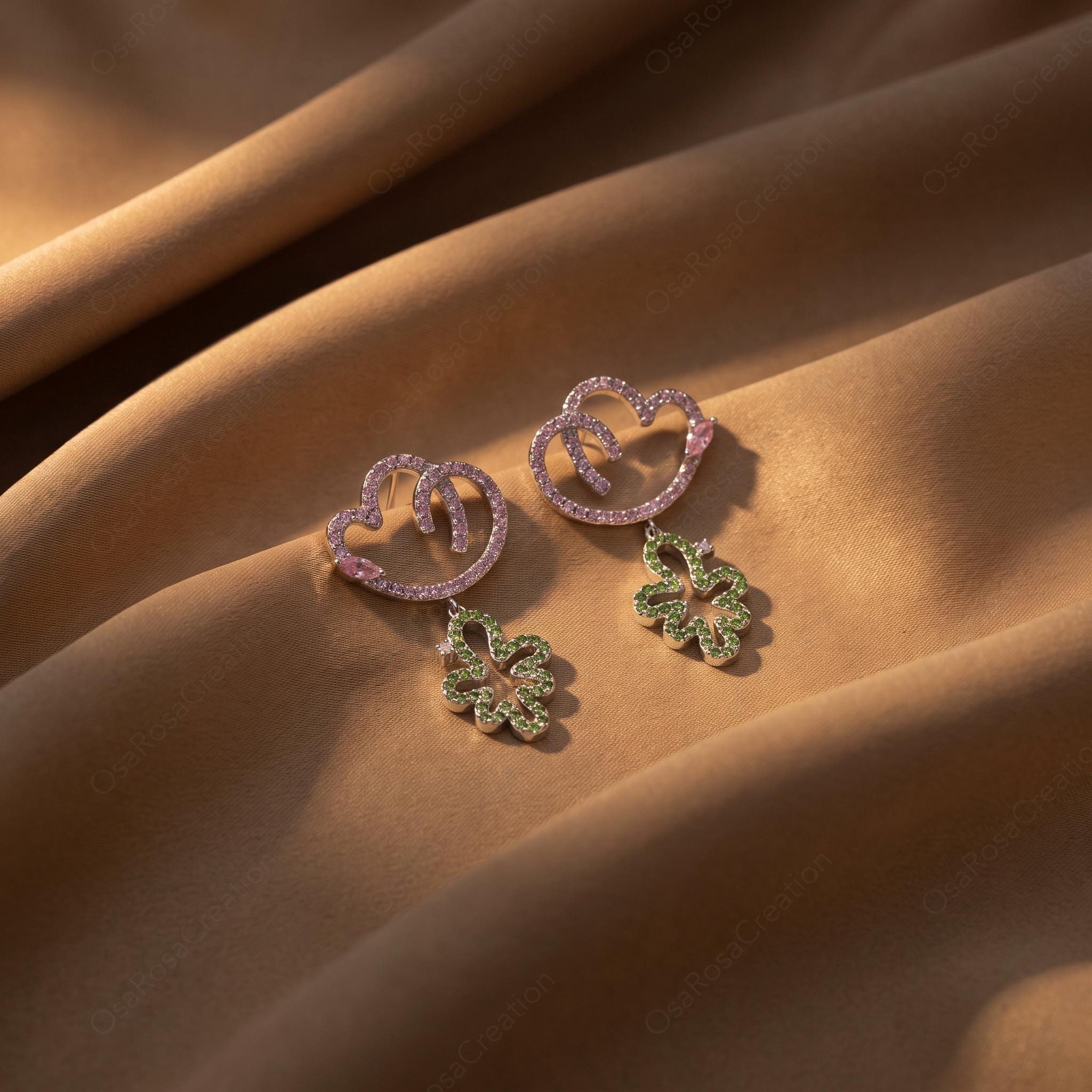 Whimsical Cloud Floral Dangle Earrings, Pastel Botanical Garden Jewelry