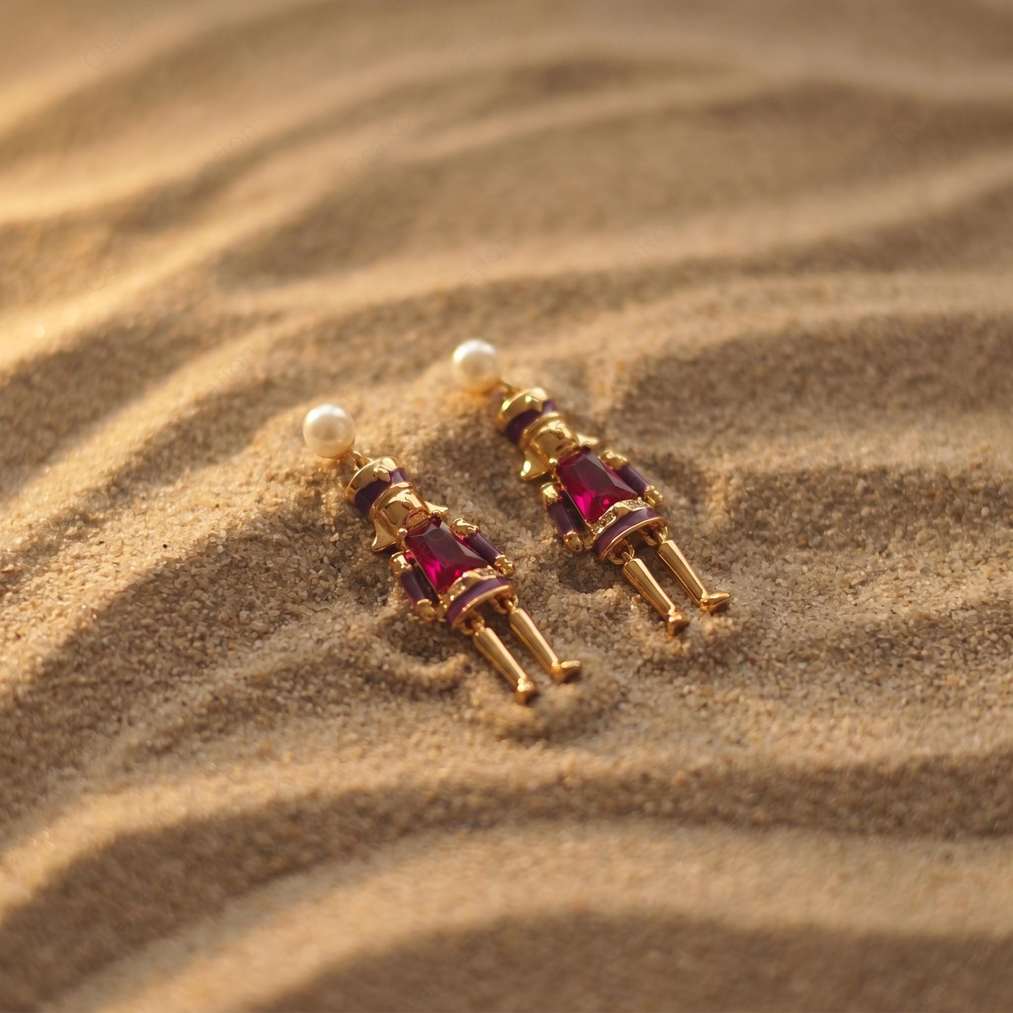 Vintage Nutcracker Pearl Earrings, Ruby Red Gemstone Toy Soldier Dangle Earrings, Festive Holiday Jewelry, Whimsical Artistic Statement Gift