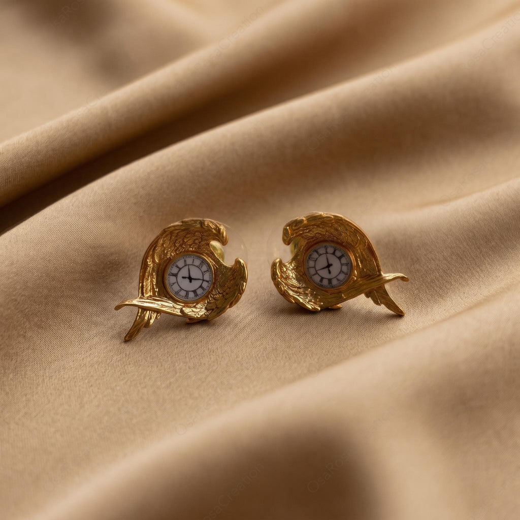 Gold Angel Wing Clock Earrings, Vintage Timepiece Studs, Surrealist Art Jewelry