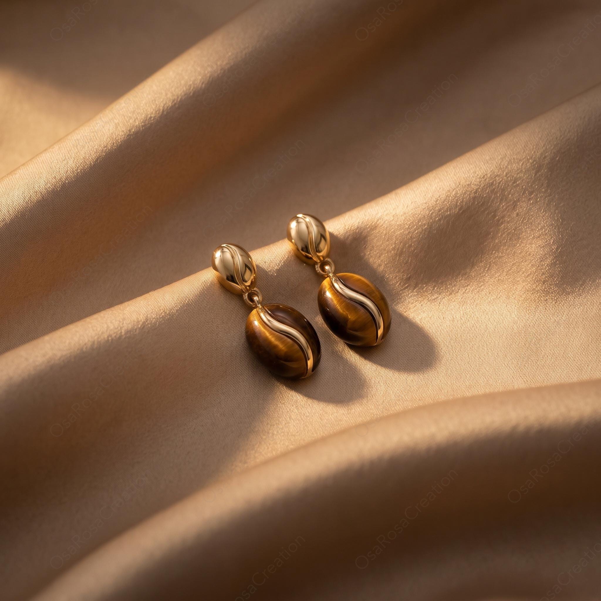 Sculptural Coffee Bean Earrings, Faux Tiger's Eye, Gold Plated Copper, 925 Sterling Silver Post