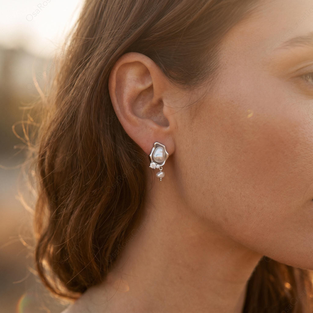 Silver Baroque Pearl Drop Earrings, Organic Wavy Studs, Bridal Jewelry