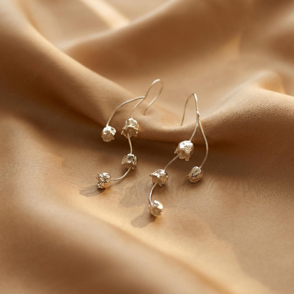 Sculptural 925 Sterling Silver Drop Earrings, Organic Botanical Dangle Jewelry