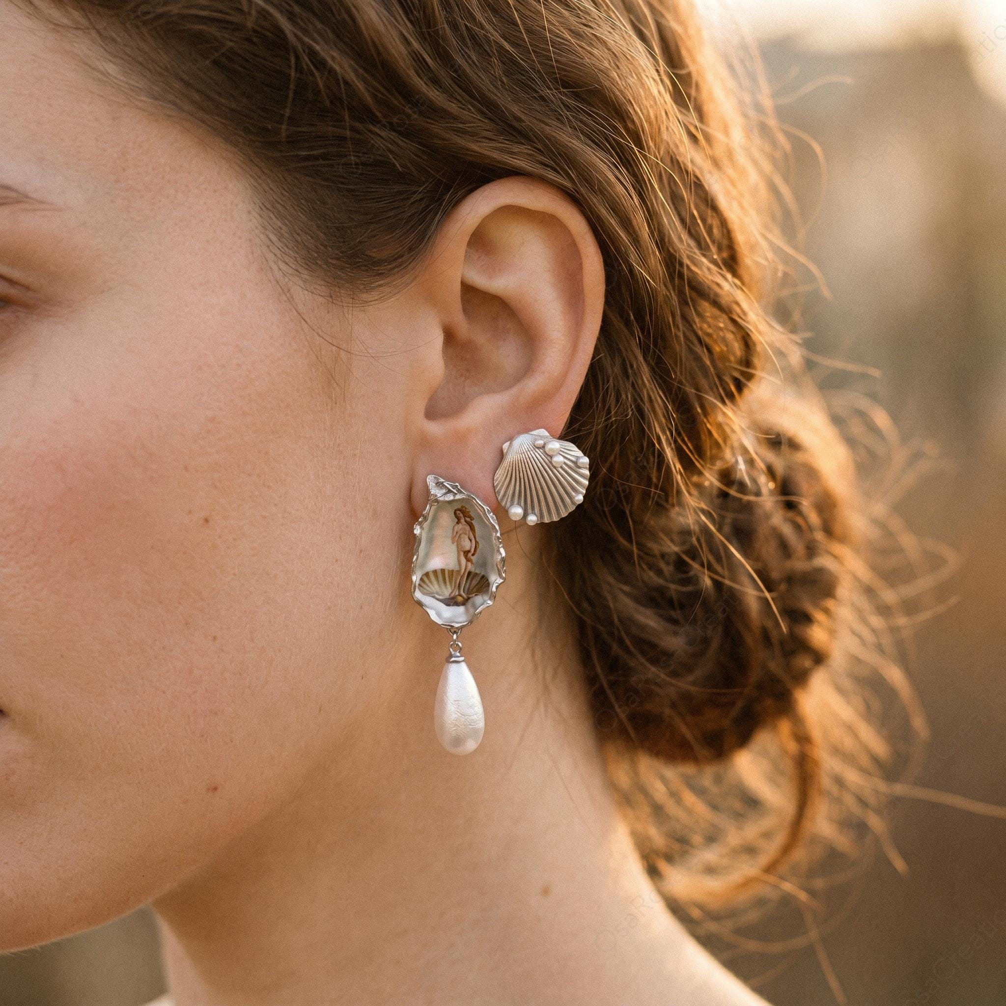 Renaissance Art Oyster Earrings | Silver Shell Pearl Drop Earrings | Vintage Museum Jewelry | Artistic Statement Dangle Earrings
