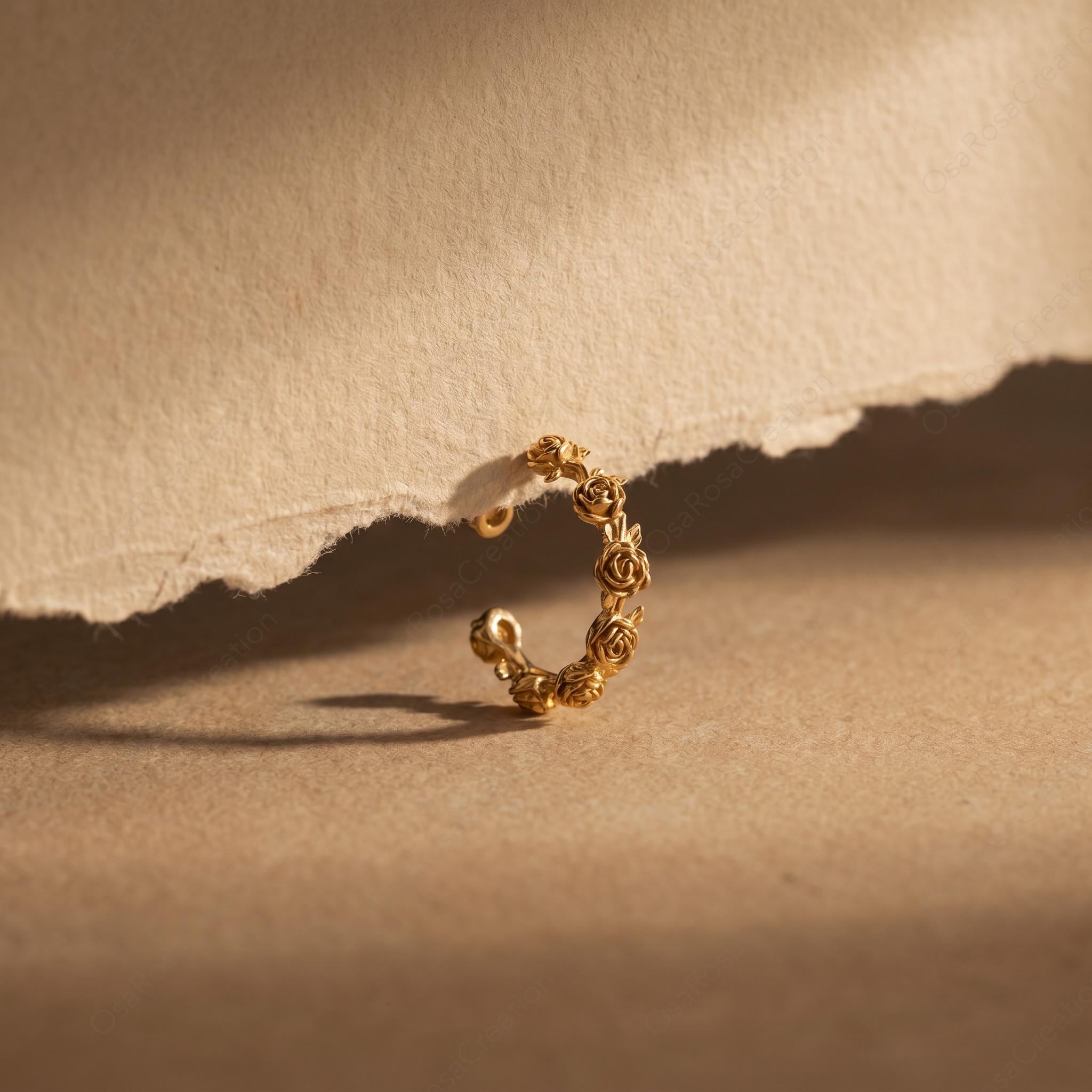 Vintage Botanical Sculpted Floral Ear Cuff - Gold-Plated Brass Rose Jewelry