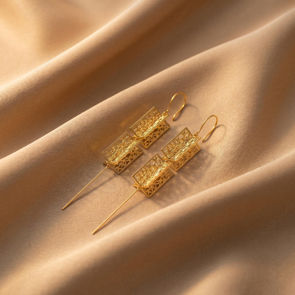 Gold Bamboo Lantern Drop Earrings, Architectural Oriental Botanical Statement Jewelry