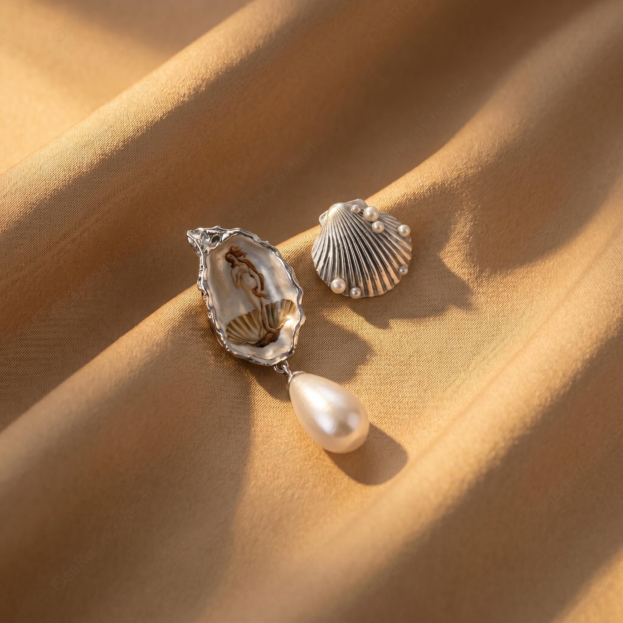 Renaissance Art Oyster Earrings | Silver Shell Pearl Drop Earrings | Vintage Museum Jewelry | Artistic Statement Dangle Earrings