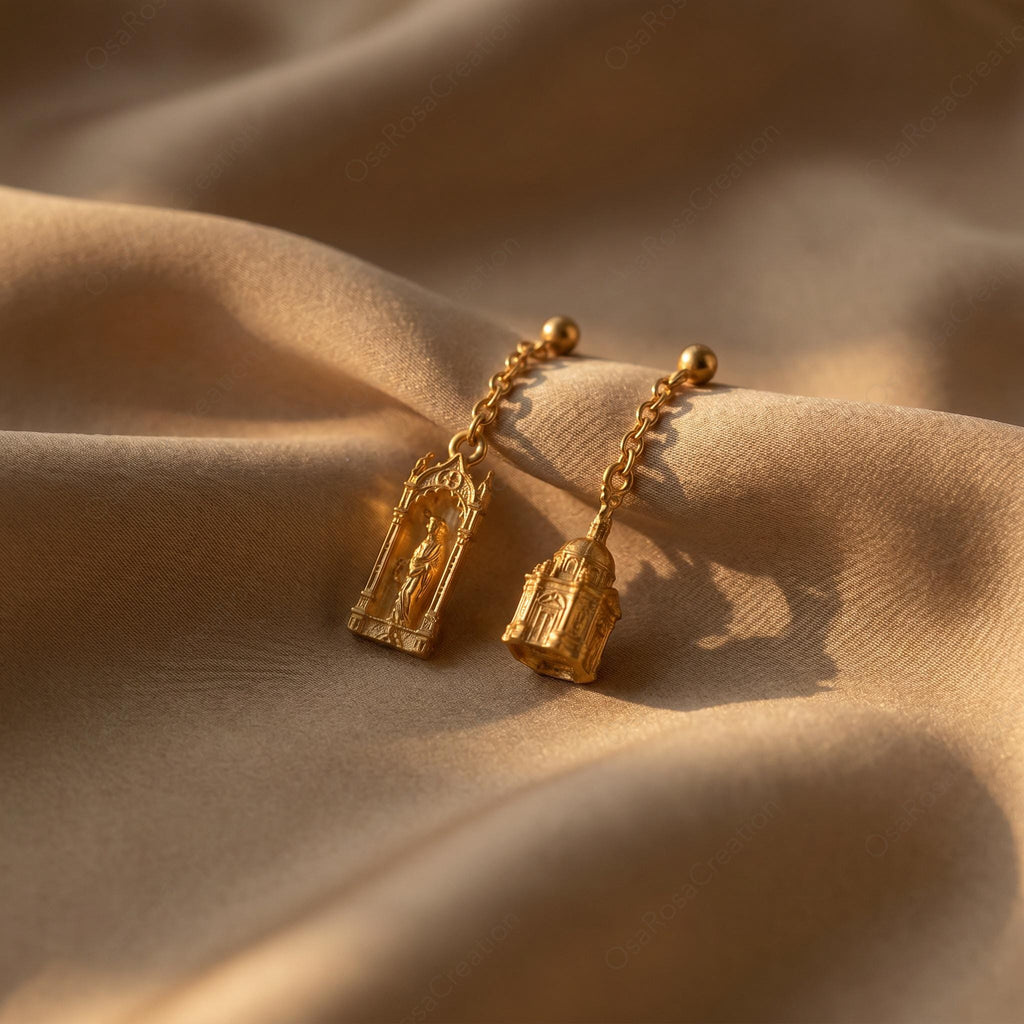 Cat Castle Earrings | Gold Baroque Basilica Dangle Earrings | Architecture Jewelry