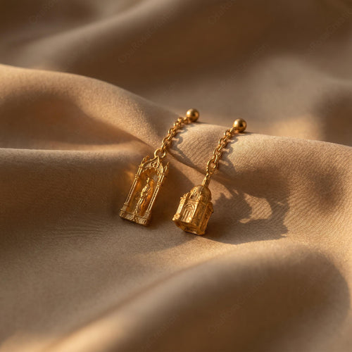 Cat Castle Earrings | Gold Baroque Basilica Dangle Earrings | Architecture Jewelry