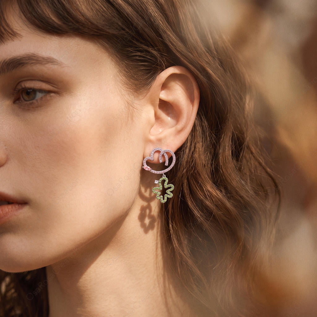 Whimsical Cloud Floral Dangle Earrings, Pastel Botanical Garden Jewelry