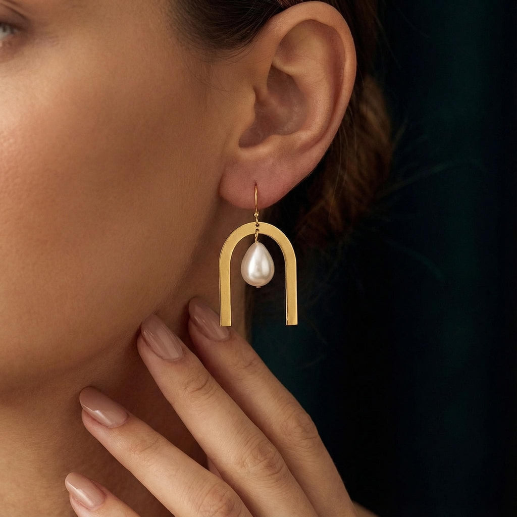Gold Arch Pearl Earrings | Minimalist Dangle, 925 Silver Posts