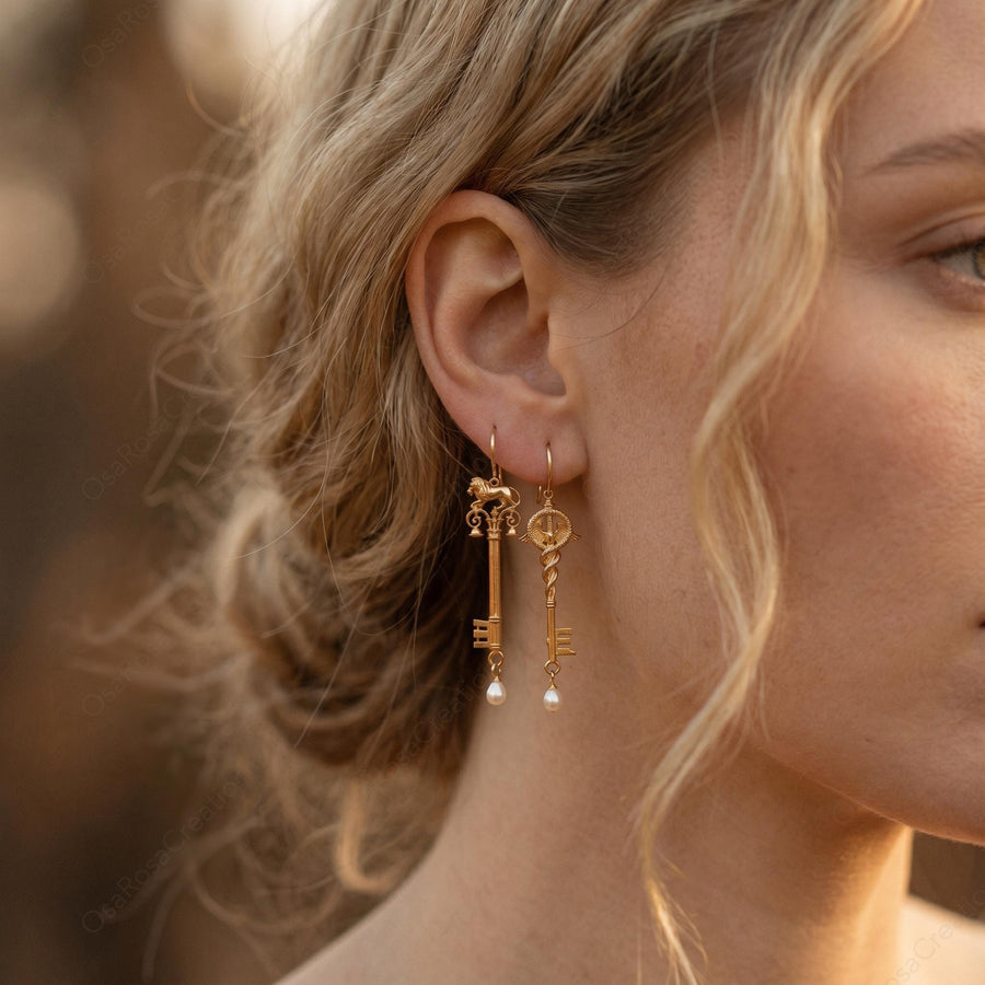 Lion Caduceus Key Earrings
