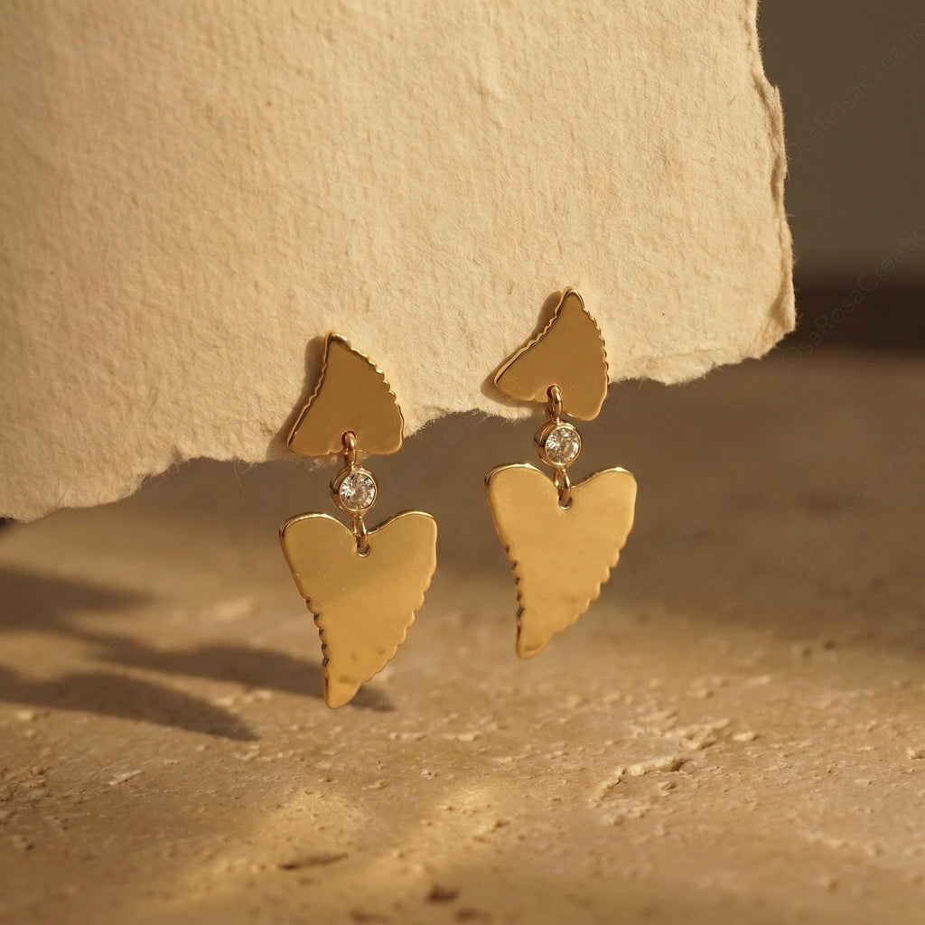 Organic Heart Drop Earrings, Textured Gold Dangle Artisan Jewelry