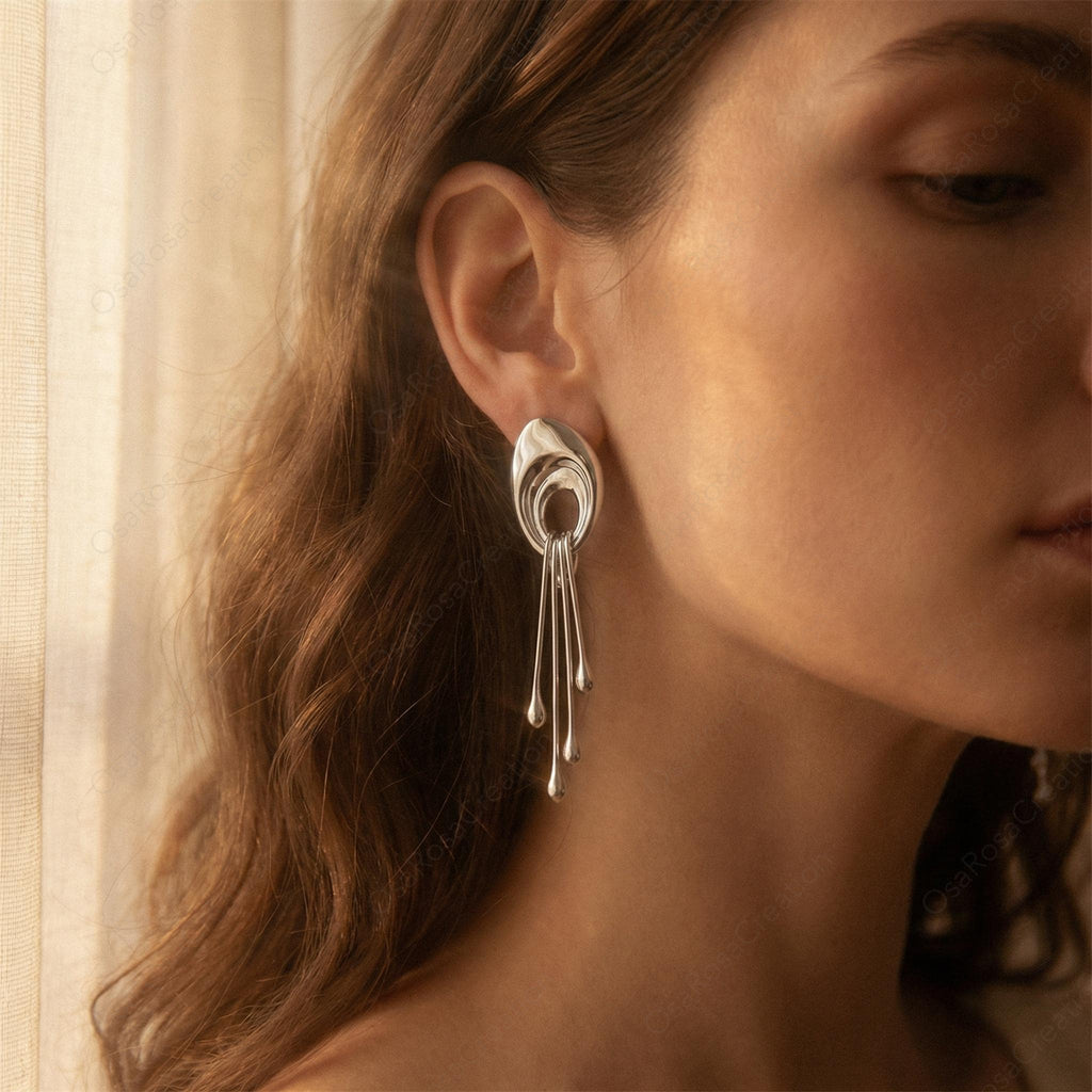 Sculptural Two-Tone Dangle Earrings, Liquid Metal Statement Drops, Sterling Silver Gold