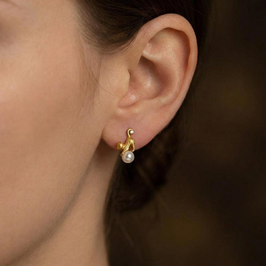 Playful Cat Pearl Earrings