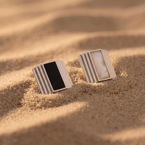 Art Deco Silver Rectangular Stud Earrings, Geometric Black White Architecture Jewelry