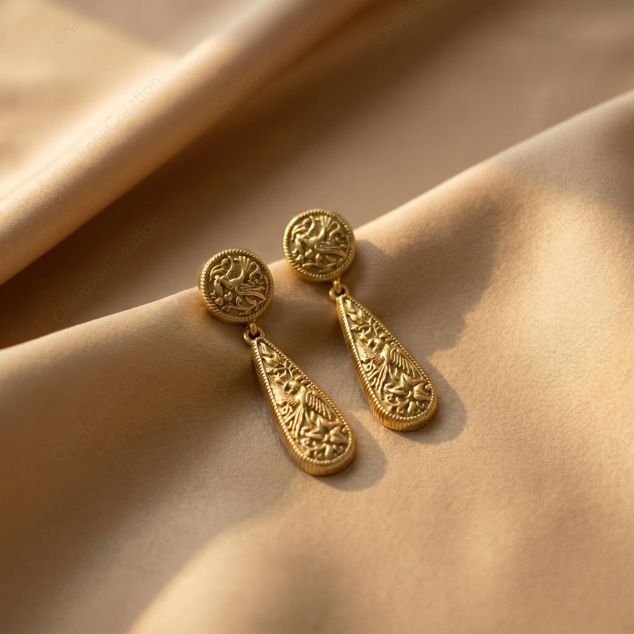 Gold-Plated Brass Botanical Teardrop Earrings, Victorian Embossed Dangle Jewelry