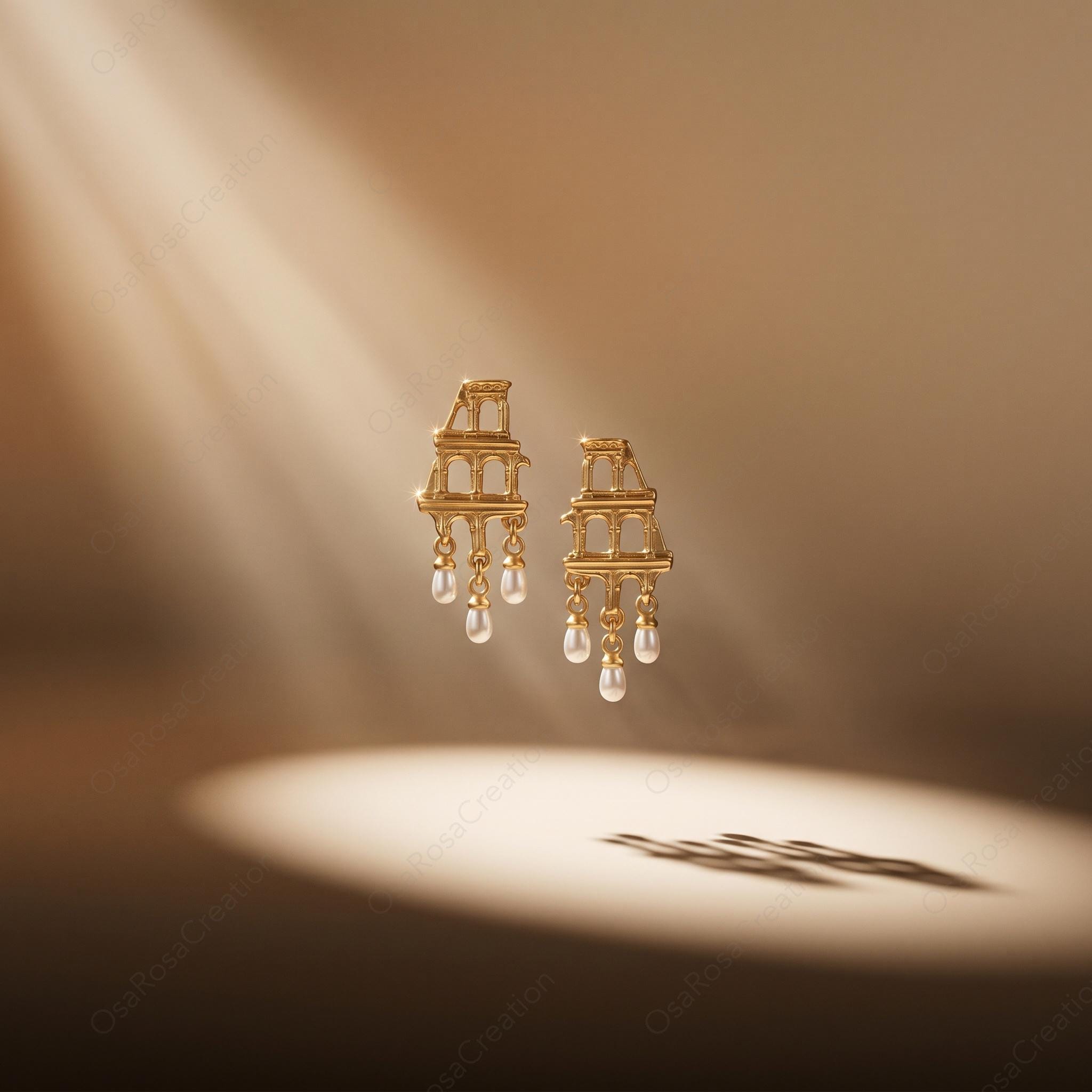 Gold Colosseum Earrings | Roman Architecture Pearl Dangle Earrings | Ancient History Jewelry | Statement Earrings | Gift for Her