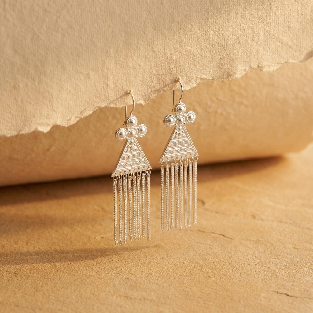 Tribal Tassel Earrings – Intricate Granulation Filigree Drops, Sterling Silver Posts