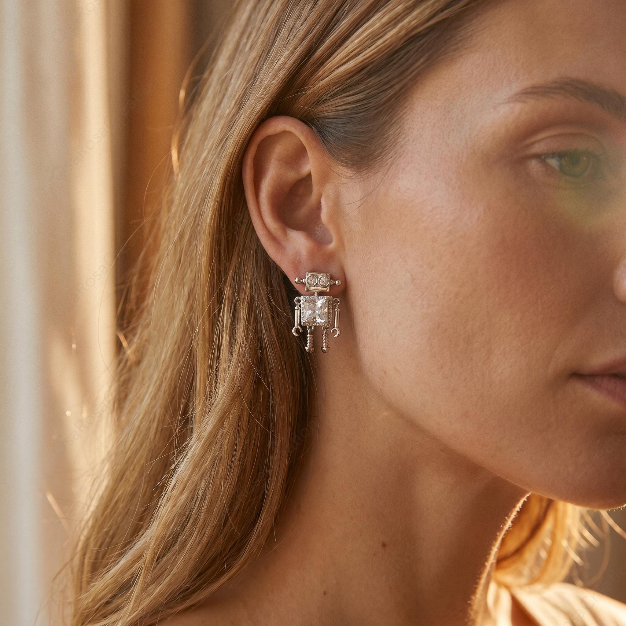 Sterling Robot Crystal Dangle Earrings, Retro Futuristic Geometric Jewelry
