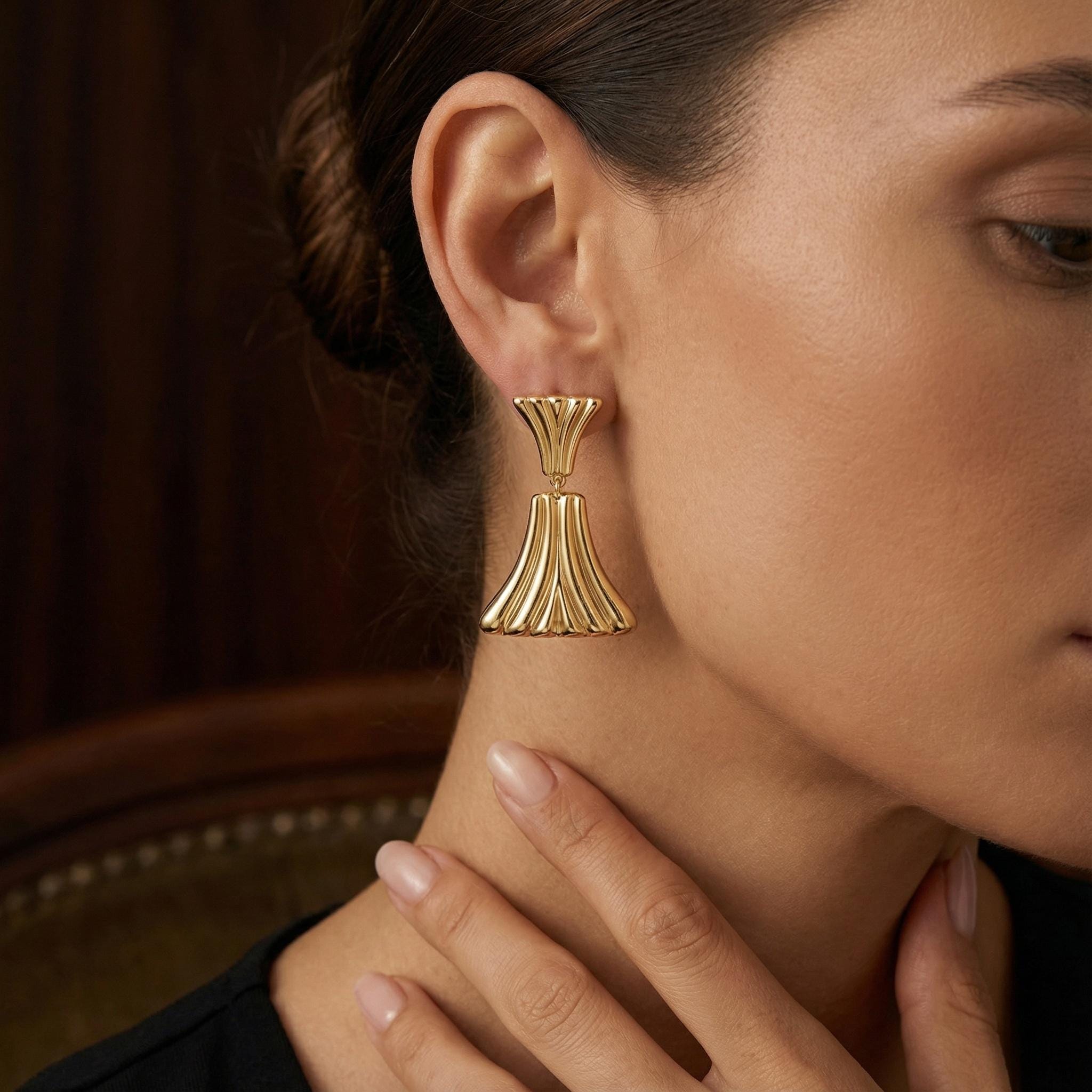 Gold Fan Drop Earrings, Greek Mythology Inspired Statement Earrings, Sculptural Gold Earrings for Women, Elegant Gift
