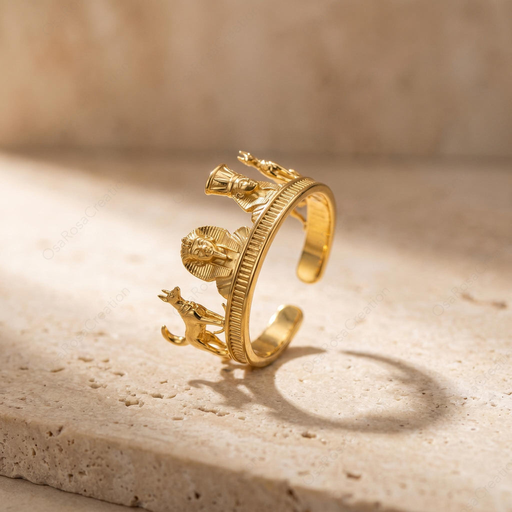 Gold Anubis Pharaoh Ring, Sculptural Statement Jewelry, Copper Plated Band