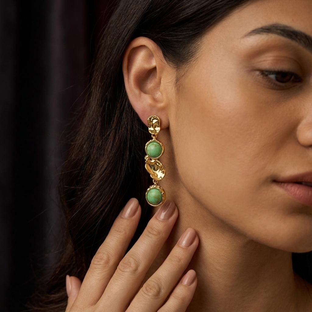 Gold Turquoise Dangle Earrings, Baroque Sculptural Jewelry, 925 Silver Post